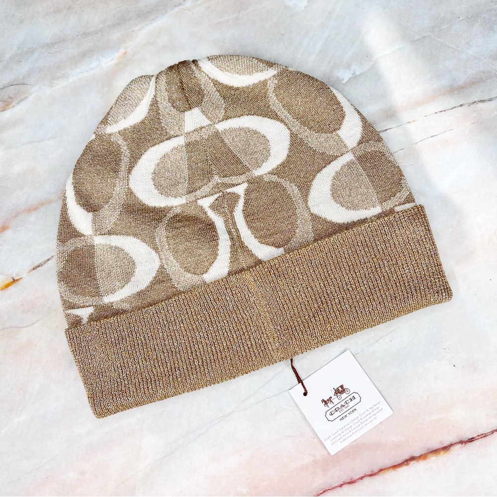 Coach Women's Tan and Cream Patterned Beanie